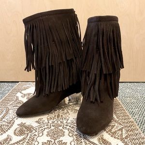 Denim and Supply Ralph Lauren Brown Leather Tassel Boho Western Wedge Boots Sz 8